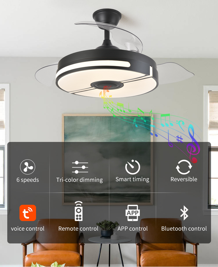 Ceiling Fan with Light Fixtures for Bedroom with Remote Quiet Silence Modern Ceiling Uk Led Fan and Light with Speaker manufacture