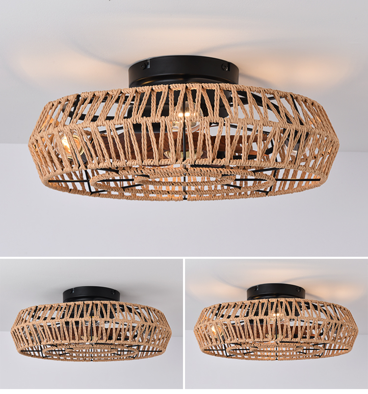 Wholesale Flush Mount Cage Ceiling Fan Light Farmhouse Caged Rattan Ceiling Fan Light Vintage Ceiling Fan with Light for Bedroom details