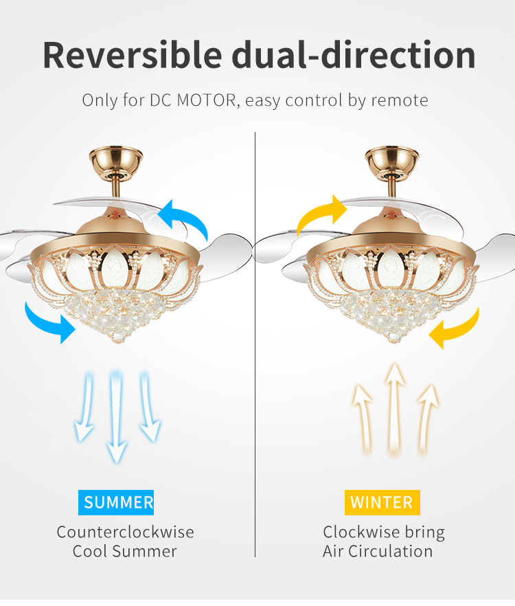 2002A 42 Inches Gold Crystal Ceiling Fan with Invisible Blades with Remote Control Retractable Chandelier Ac Dc details