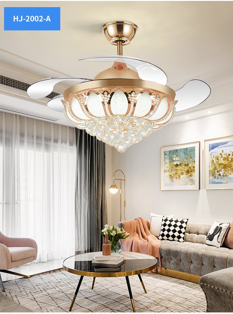 2002A 42 Inches Gold Crystal Ceiling Fan with Invisible Blades with Remote Control Retractable Chandelier Ac Dc details