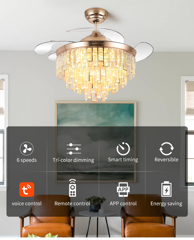 42 Inch 3-Color Crystal Ceiling Fan Chandelier with Remote 754G Flush Mount Fan with DC Motor Switch Type Remote Control supplier