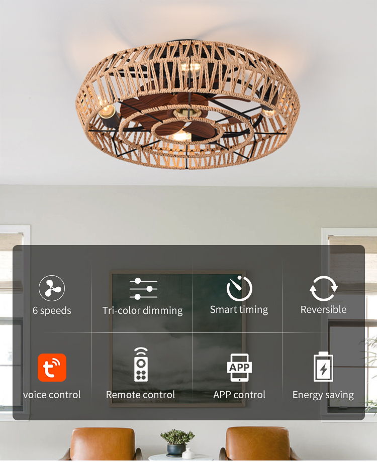 Wholesale Flush Mount Cage Ceiling Fan Light Farmhouse Caged Rattan Ceiling Fan Light Vintage Ceiling Fan with Light for Bedroom supplier