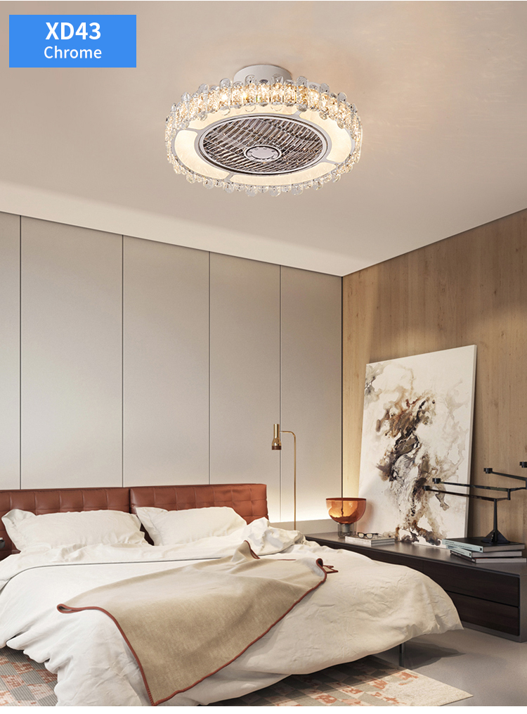 5 Shades Luxury Bedroom Led Lamp With Fan Ceiling Fan with Light Flush Mount Low Profile Crystal Caged Fan Light for Living Room factory