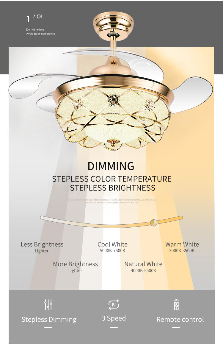 Y162 Luxury 42 Inch Modern Crystal Ceiling Fan LED Remote Control Invisible Design for Bedroom Includes Project Installation details