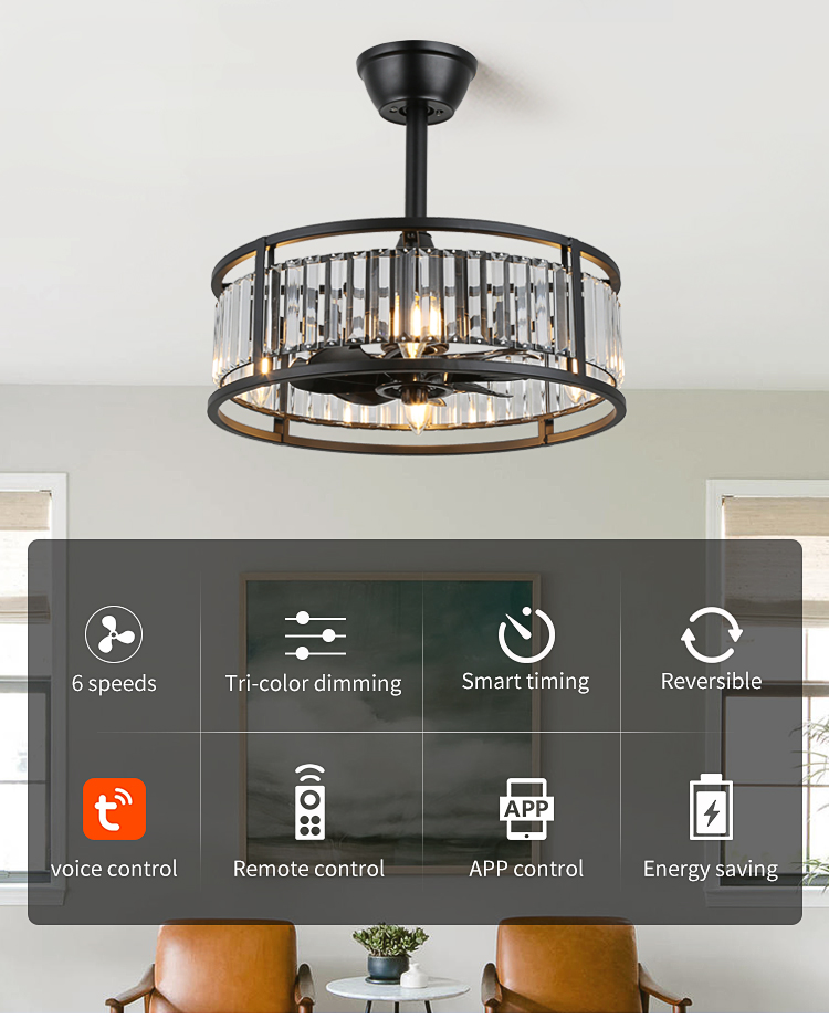 Luxury Bedroom Led Lamp With Fan Ceiling Fan with Light Downrod Flush Mount Low Profile Crystal Caged Fan Light for Living Room manufacture