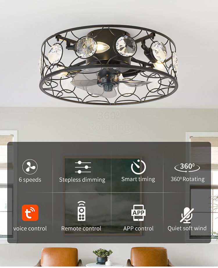 Modern Flush Mount Cage Ceiling Fan Light Farmhouse Caged Rattan Ceiling Fan Light Vintage Ceiling Fan with Light for Bedroom factory