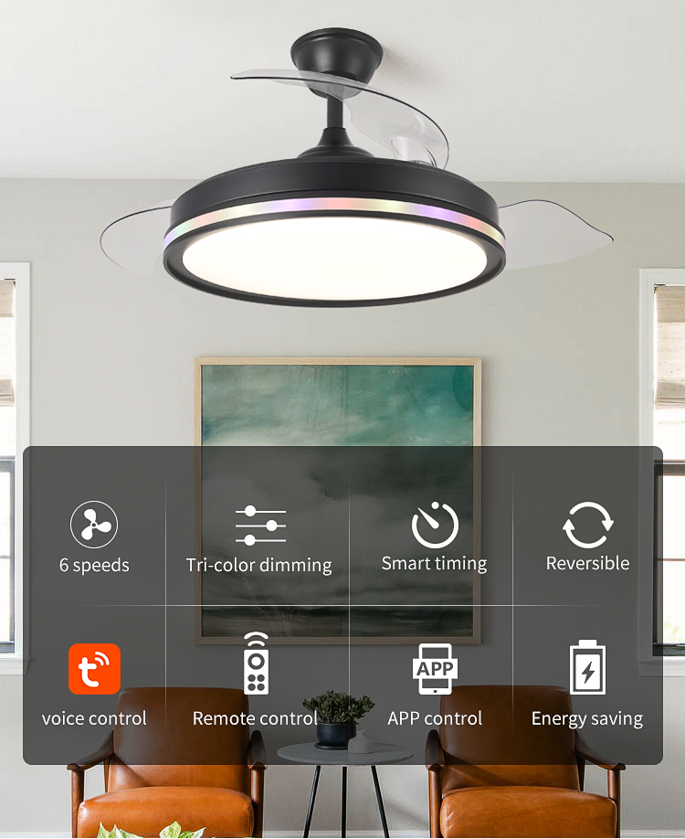 Black White RGB 42in Ceiling Fan with Light and Remote Control 4 Blades Fan with Lamp 42 Inch Ceiling Fan with Light for Bedroom details