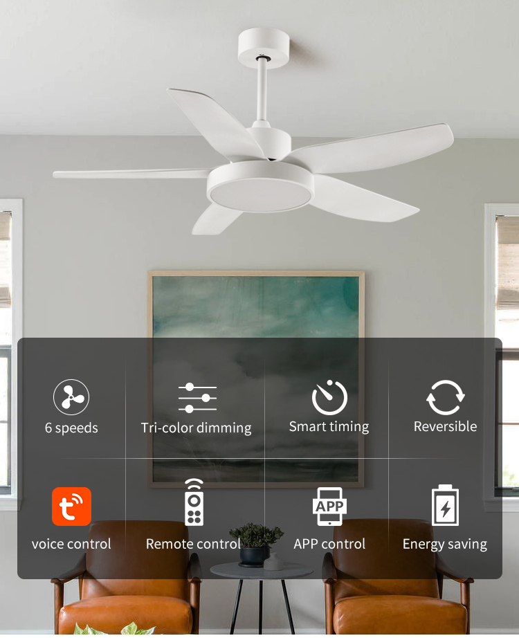 Flush Mount White Indoor Ceiling Fans with Light and Remote 42 46 52 54 Inch Black Modern Wifi Ceiling Fan Light Kit for Bedroom factory