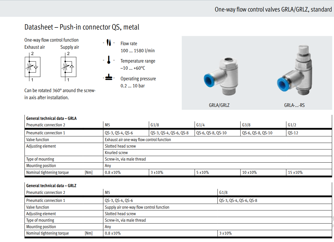 GRLA One-way Throttle Valve GRLA-3/8-QS-8-RS-D GRLA-1/8-PK-6-RS-B GRLA-M5-QS-4-D151179 193151 151169 534344 534340 supplier