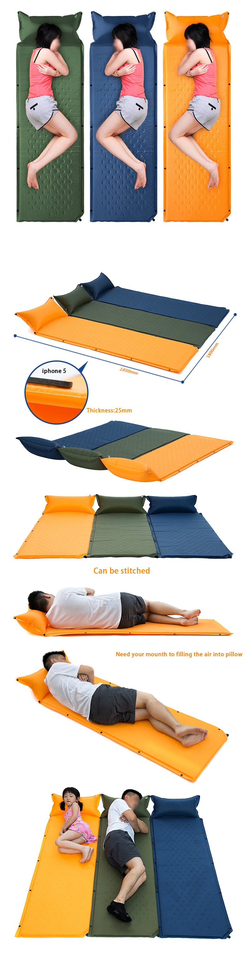 Sleeping Camping Trekking Mat with Pillow Mattress Self Inflating Pad Portable Waterproof Bed Lightweight factory