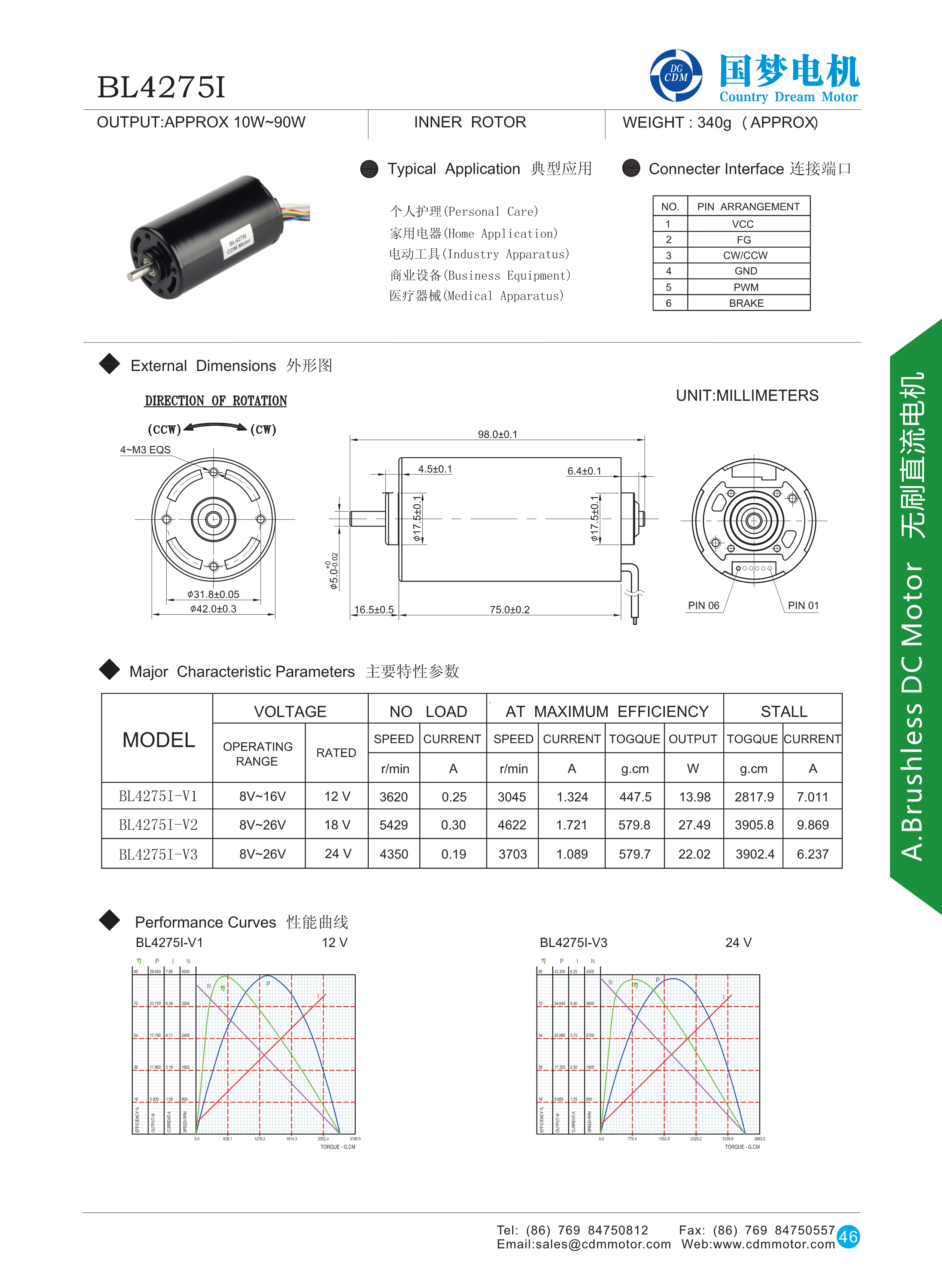 42mm Inner Rotor High Torque Electric Brushless DC Motor for Water Pump BL4275I details