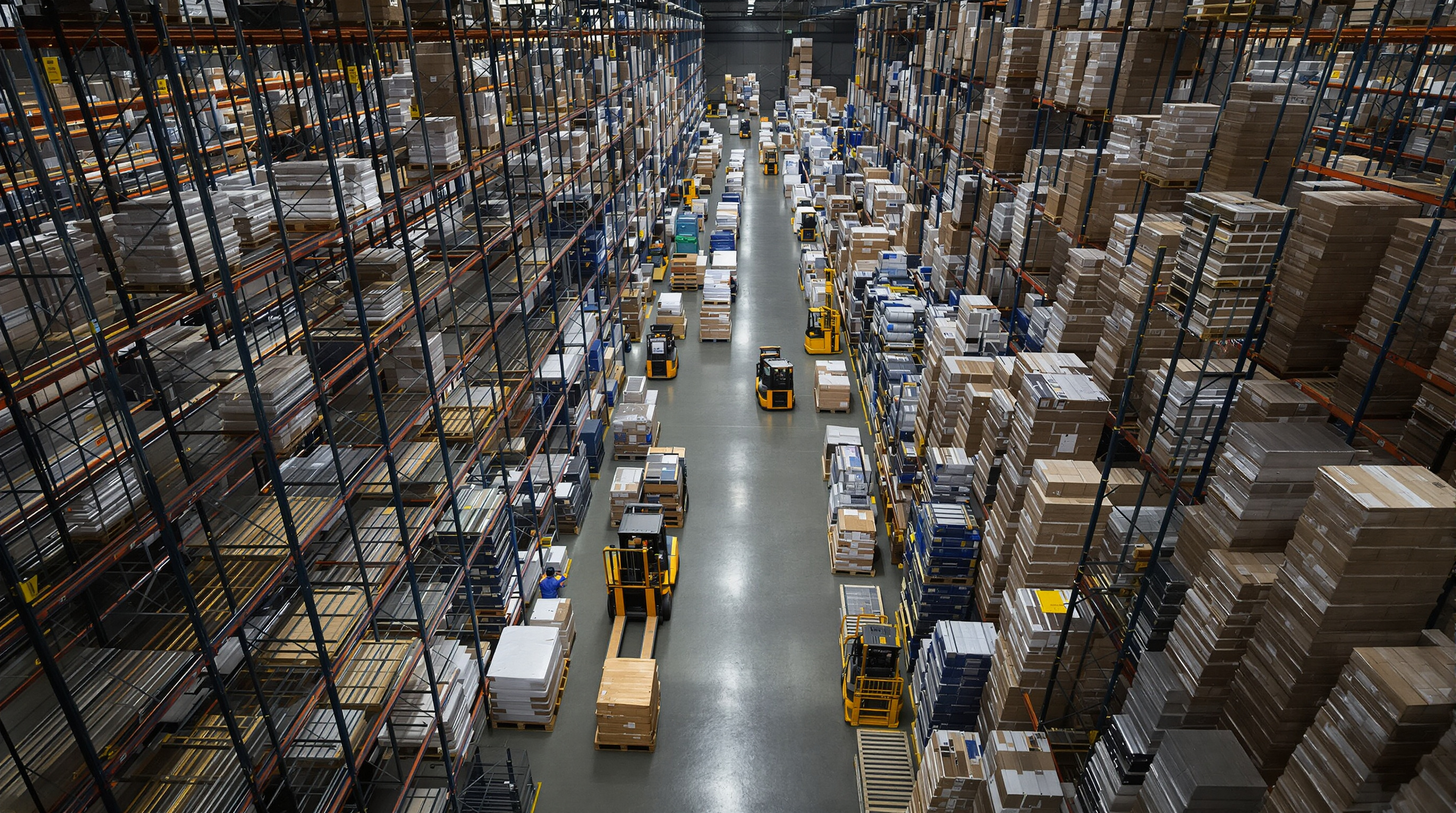 Warehouse with high-density steel racks and forklifts maneuvering among closely packed pallets