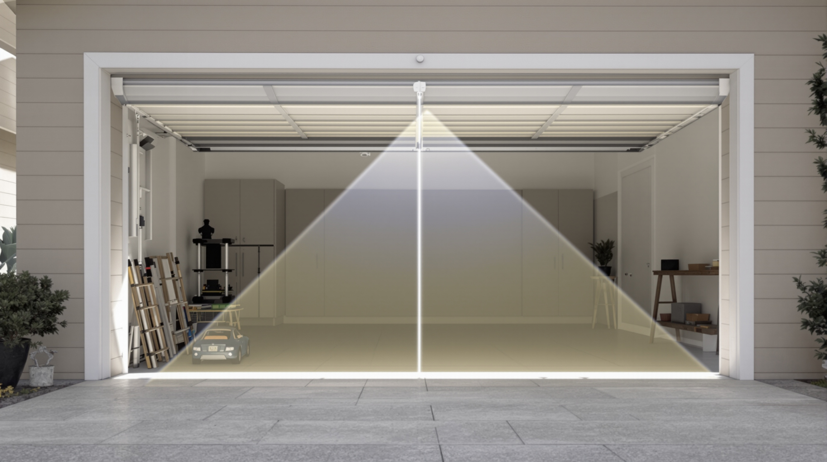 Photorealistic garage entrance showing dual photocell sensors with an object interrupting the invisible beam low to the ground