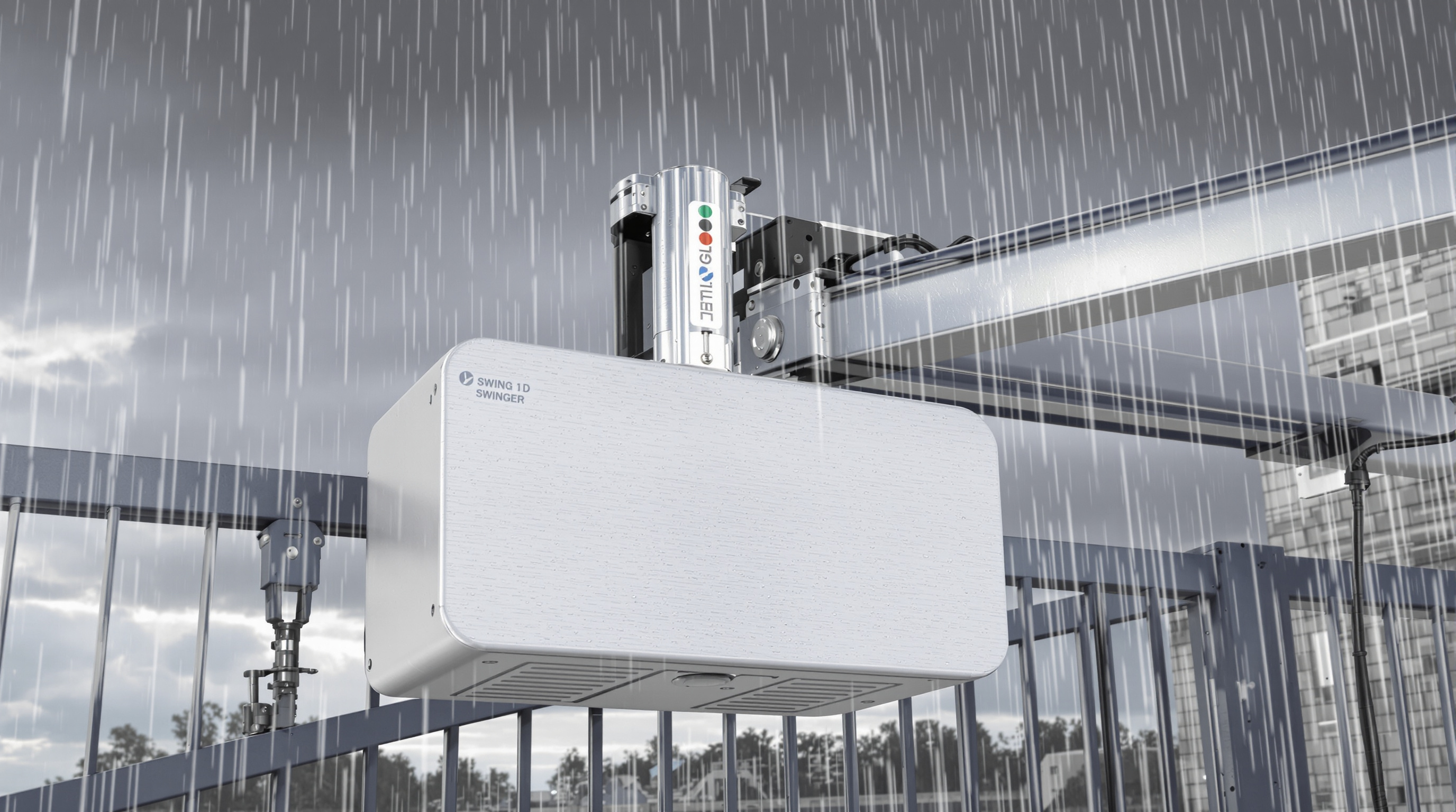 Close-up of weather-resistant swing gate opener with water droplets on metal surfaces