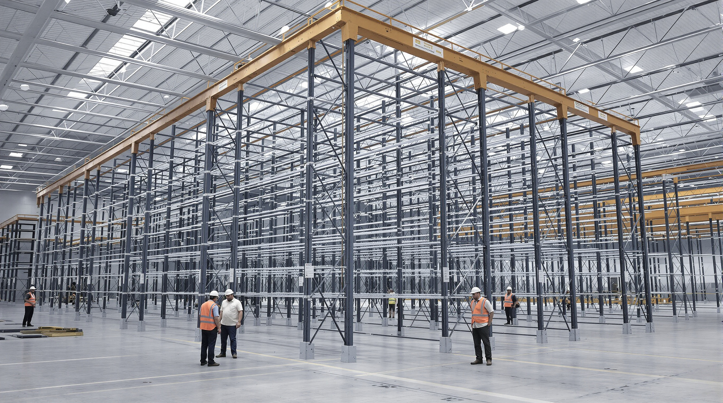 Engineers examining steel rack structure showing bracing and floor anchors in a warehouse