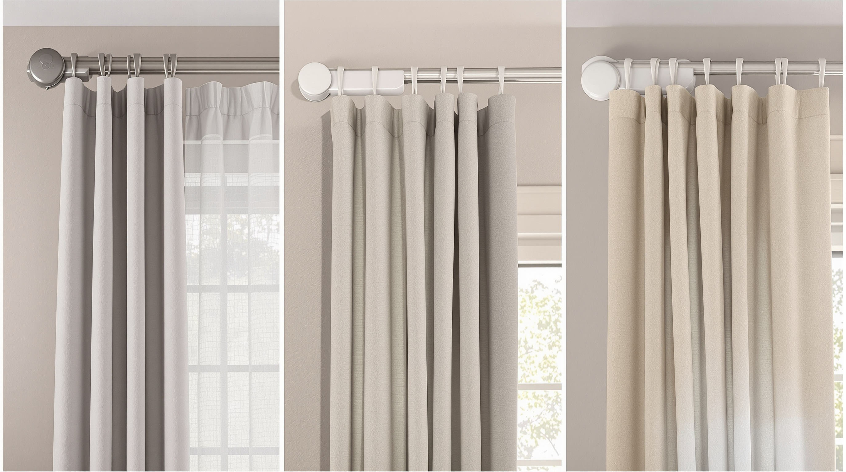 Smart curtain motors installed on various curtain types and track systems showing compatibility options