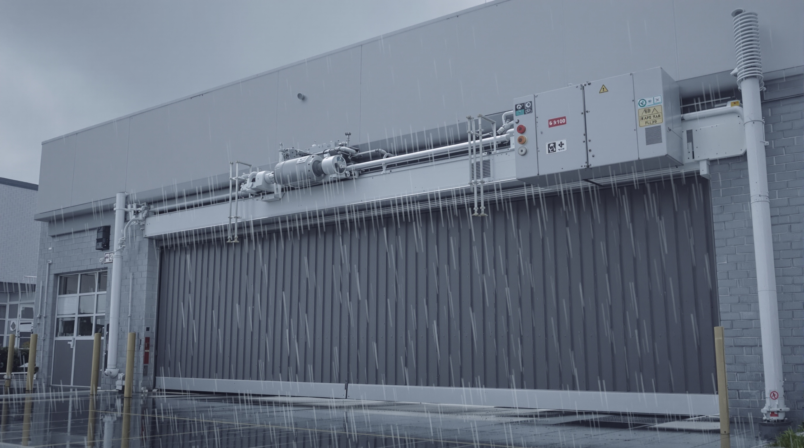 Heavy-duty industrial sliding gate operator moving a large metal gate in adverse weather