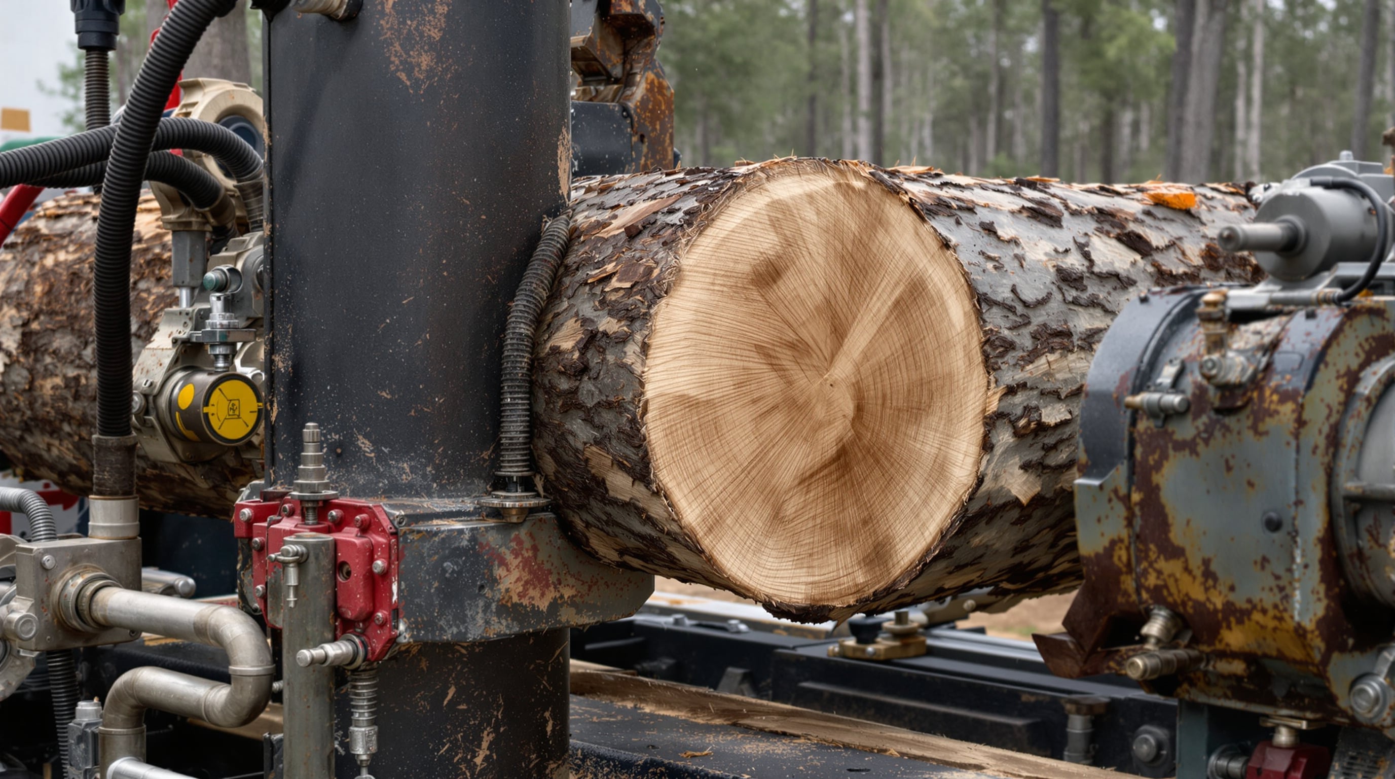 Close-up of a heavy-duty log splitter's hydraulic system pressing into a hardwood log