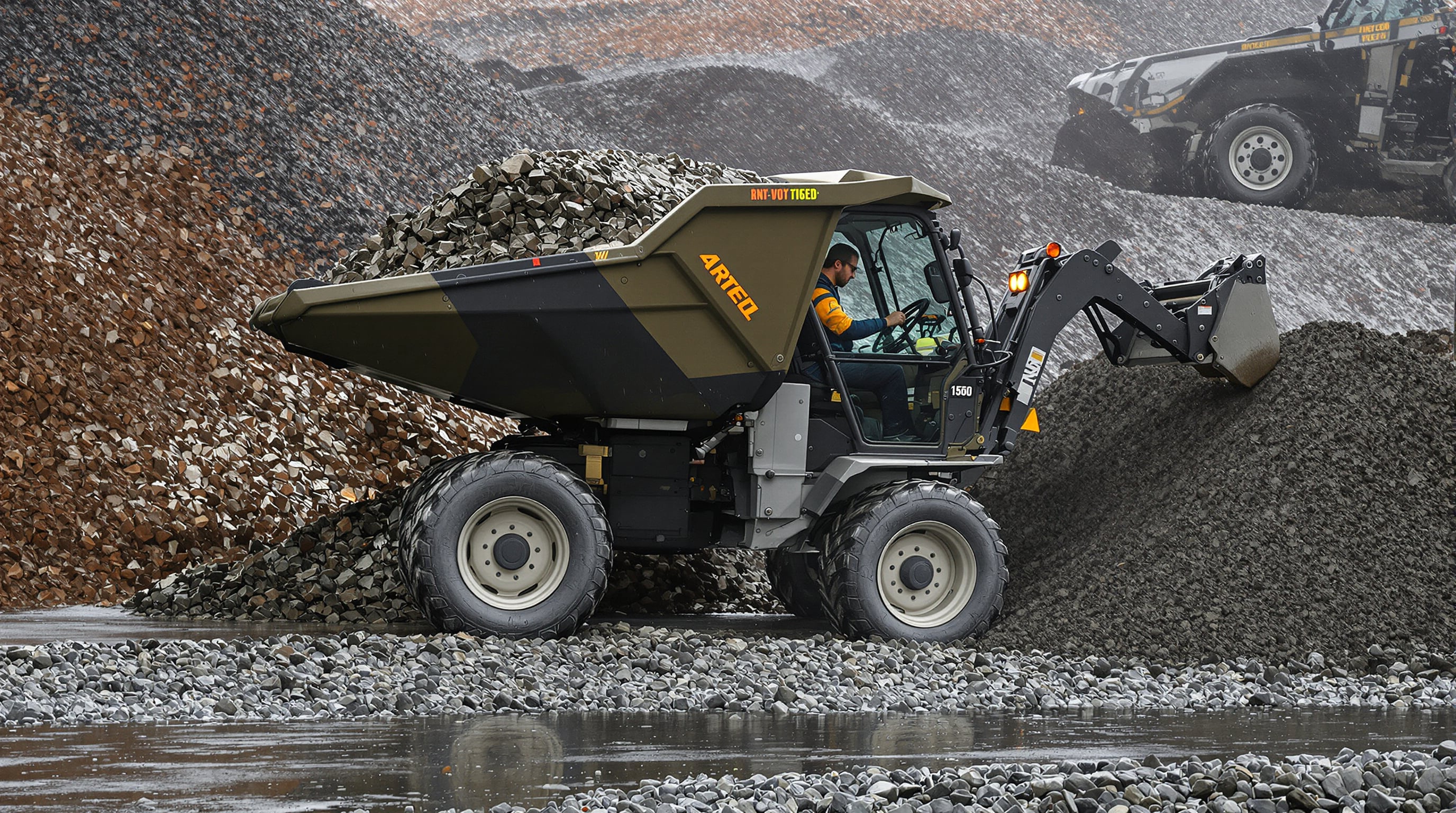 Realistic photo of a petrol 4x4 mini dumper carrying heavy cargo across wet gravel with strong traction