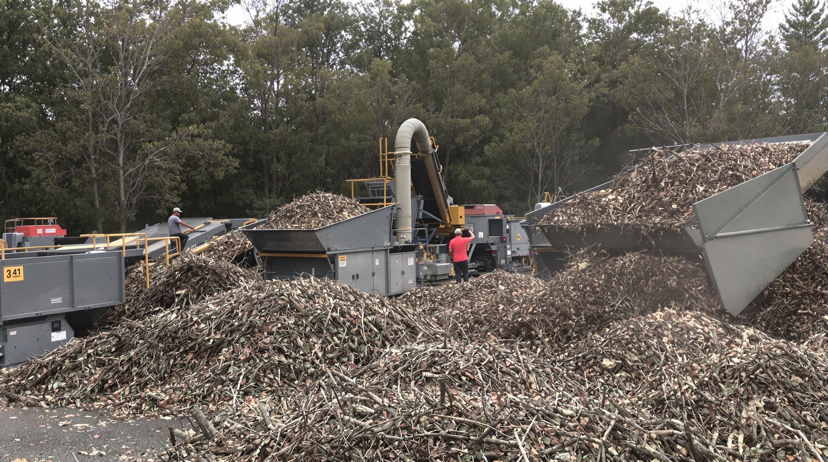 Branch shredders processing piles of branches into mulch at a municipal facility