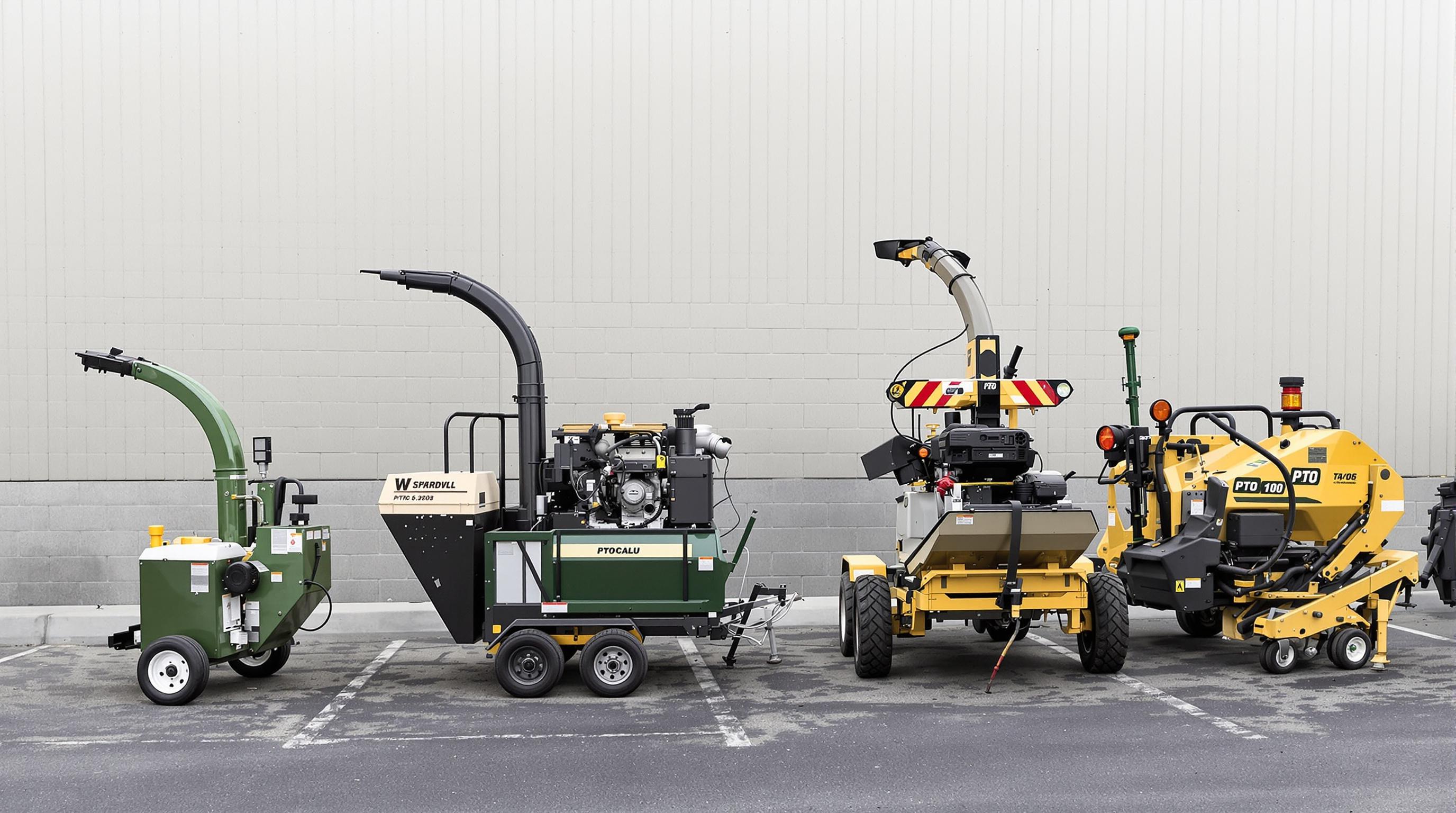 Realistic photo comparison of four types of branch shredders with varying sizes and styles outdoors