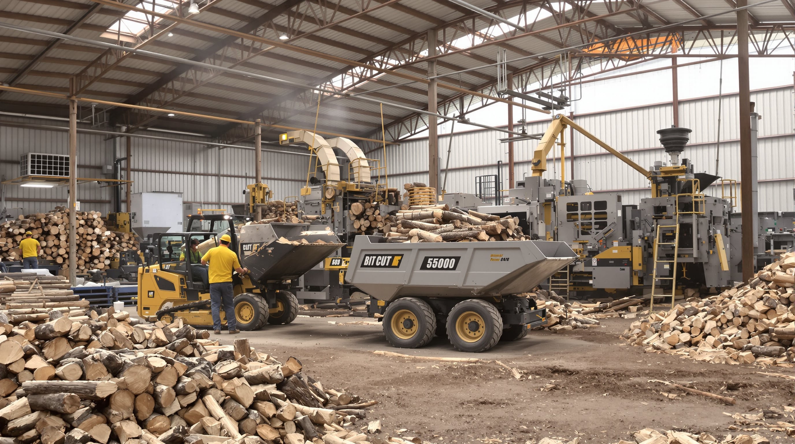 A mini dumper transporting logs between wood splitters and chippers in an organized workshop.
