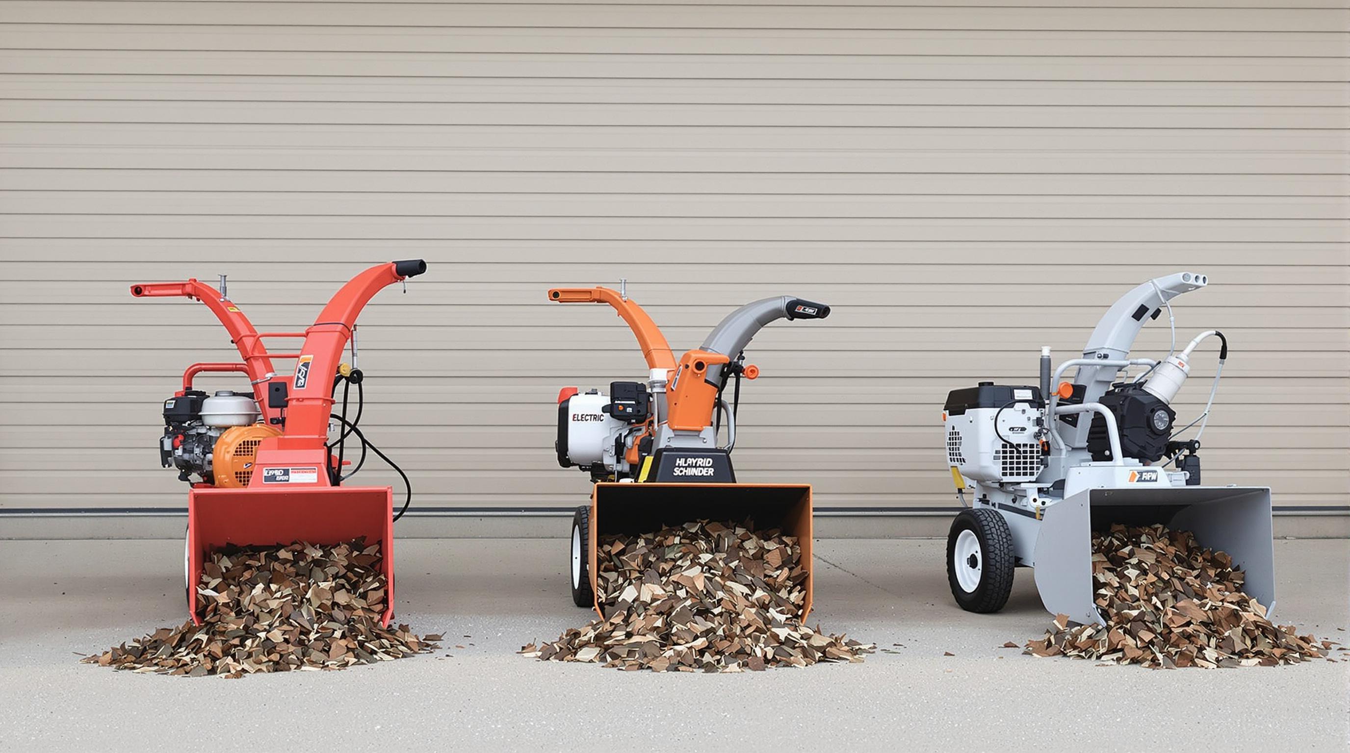 Three different types of branch shredders displayed outdoors with processed debris