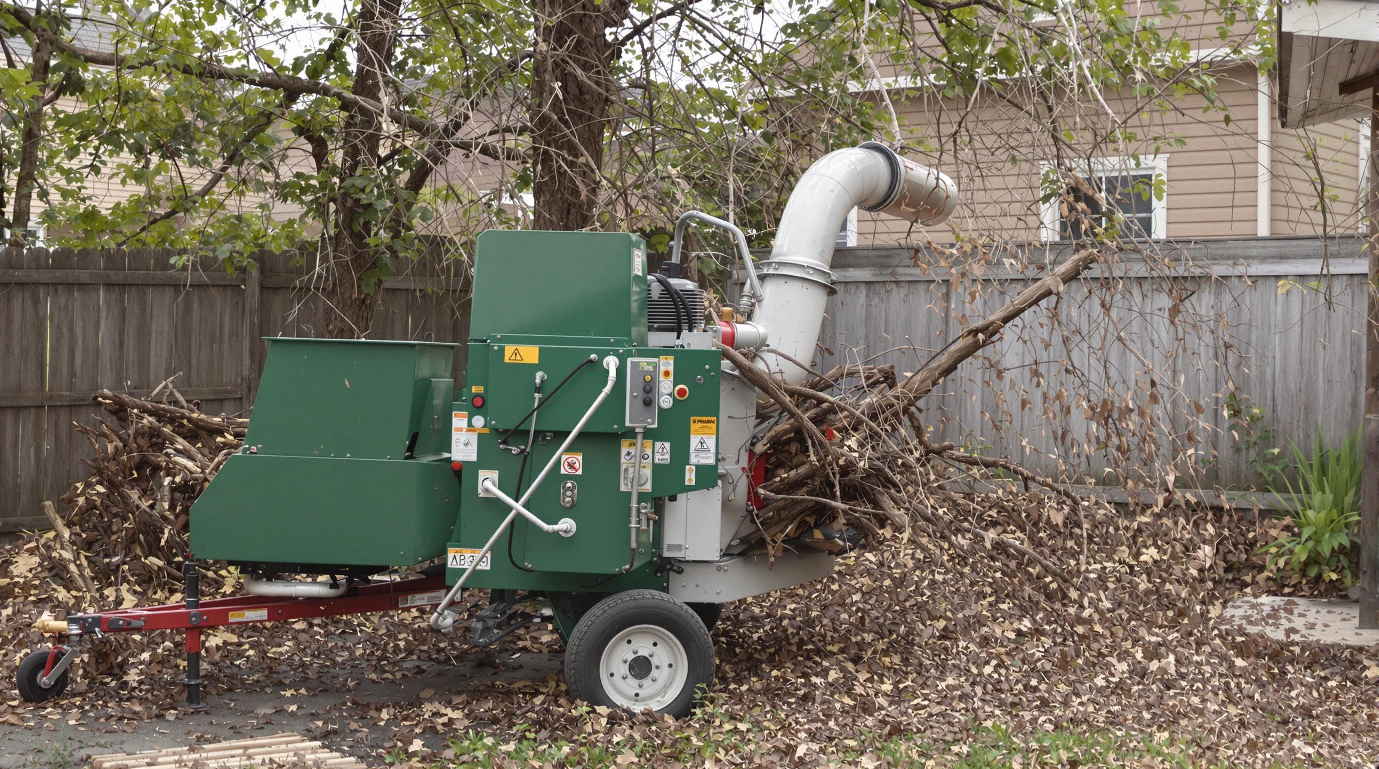A realistic photo of a branch shredder processing garden waste, showing branches entering the machine and mulch coming out
