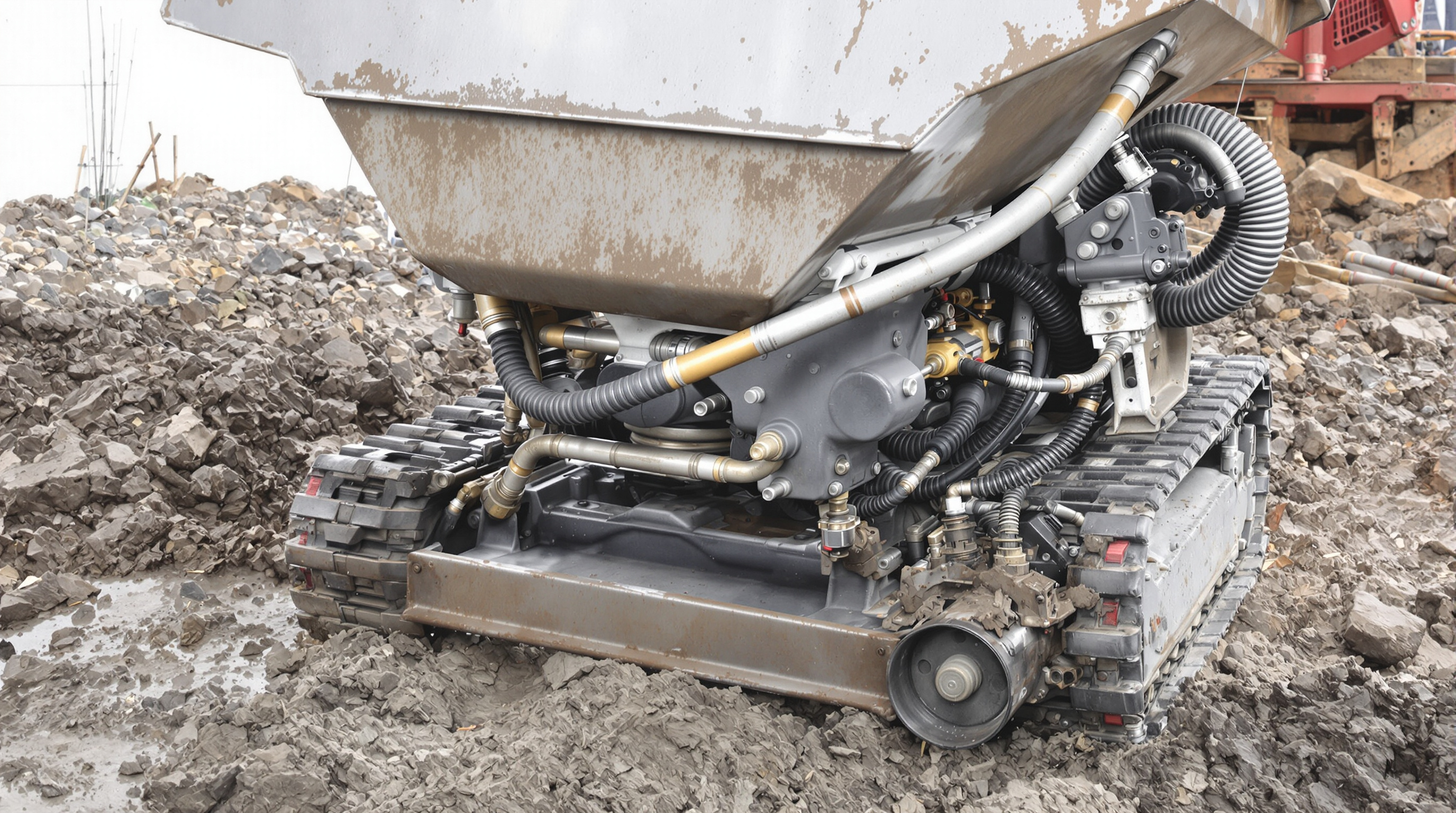 Mini dumper with exposed hydraulic lines operating on mixed terrain