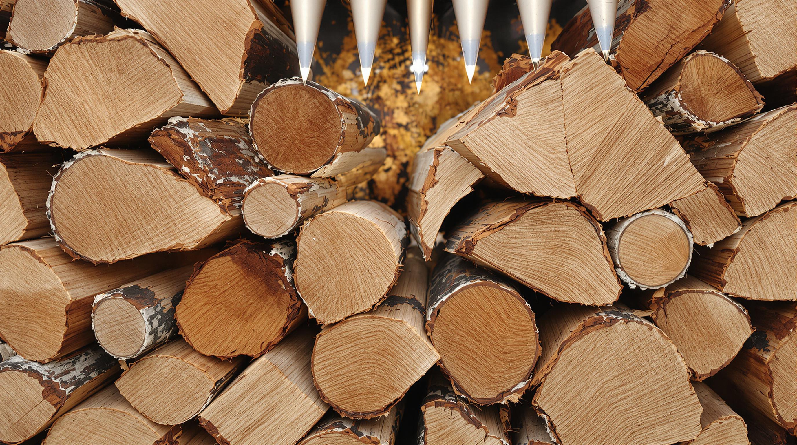 Oak and pine logs with distinct grain textures and chipper shredder blades in background