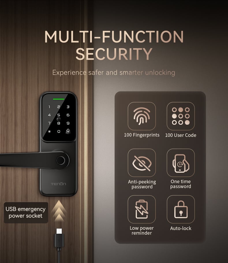 TENON K8 WiFi Password & Fingerprint Door Lock Waterproof Keyless Digital Deadbolt for Metal Door for Home Use Card Key Features details