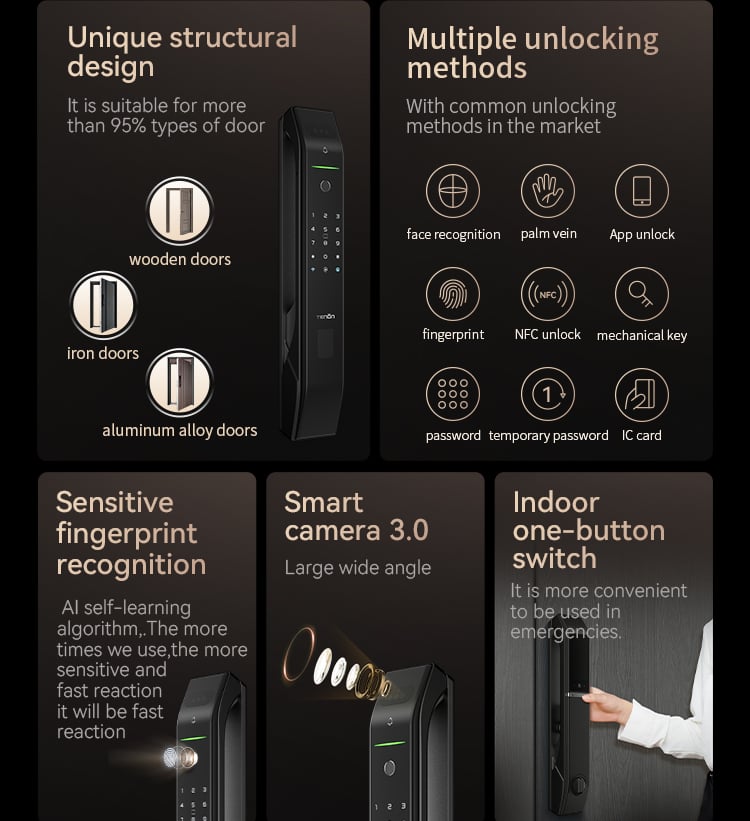 Tenon D7pro Main Door Fingerprint Lock Automatic House Tuya Smart Rfid Door Card Lock Face Recognition With Door Bell supplier
