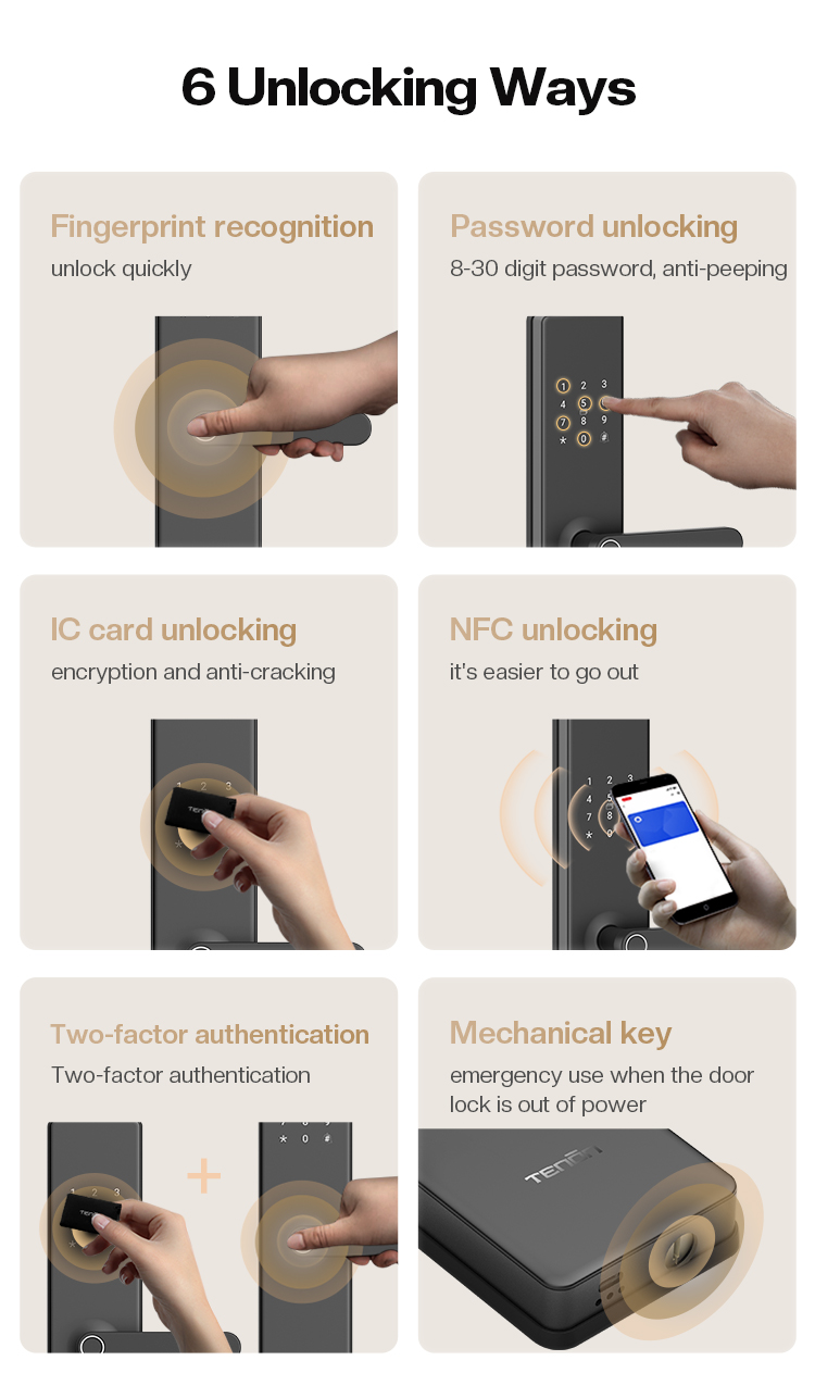 Tenon T10 Smart Security Door Lock Anti-Peep Password IC Card RF Fingerprint Features Compatible WiFi Bluetooth Aluminum factory