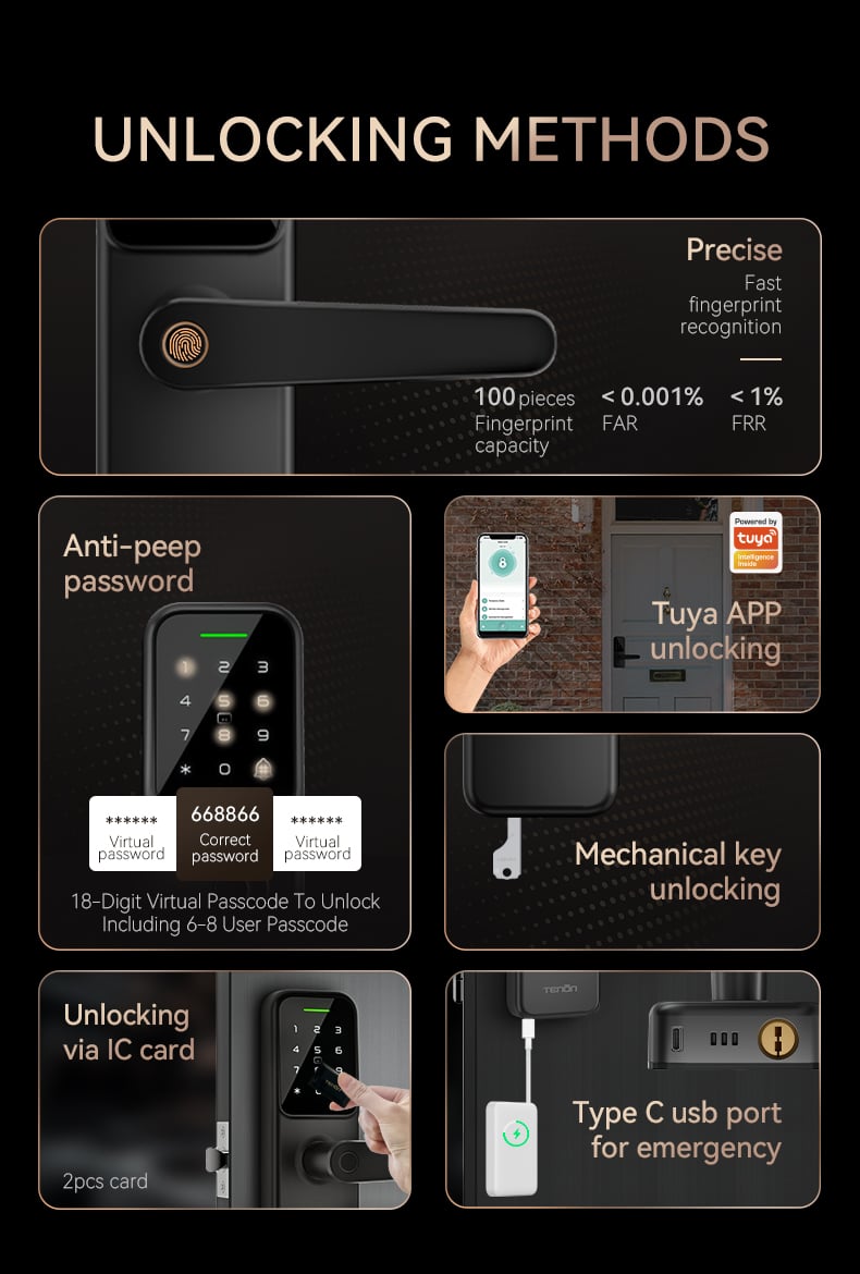 TENON K8 WiFi Password & Fingerprint Door Lock Waterproof Keyless Digital Deadbolt for Metal Door for Home Use Card Key Features manufacture