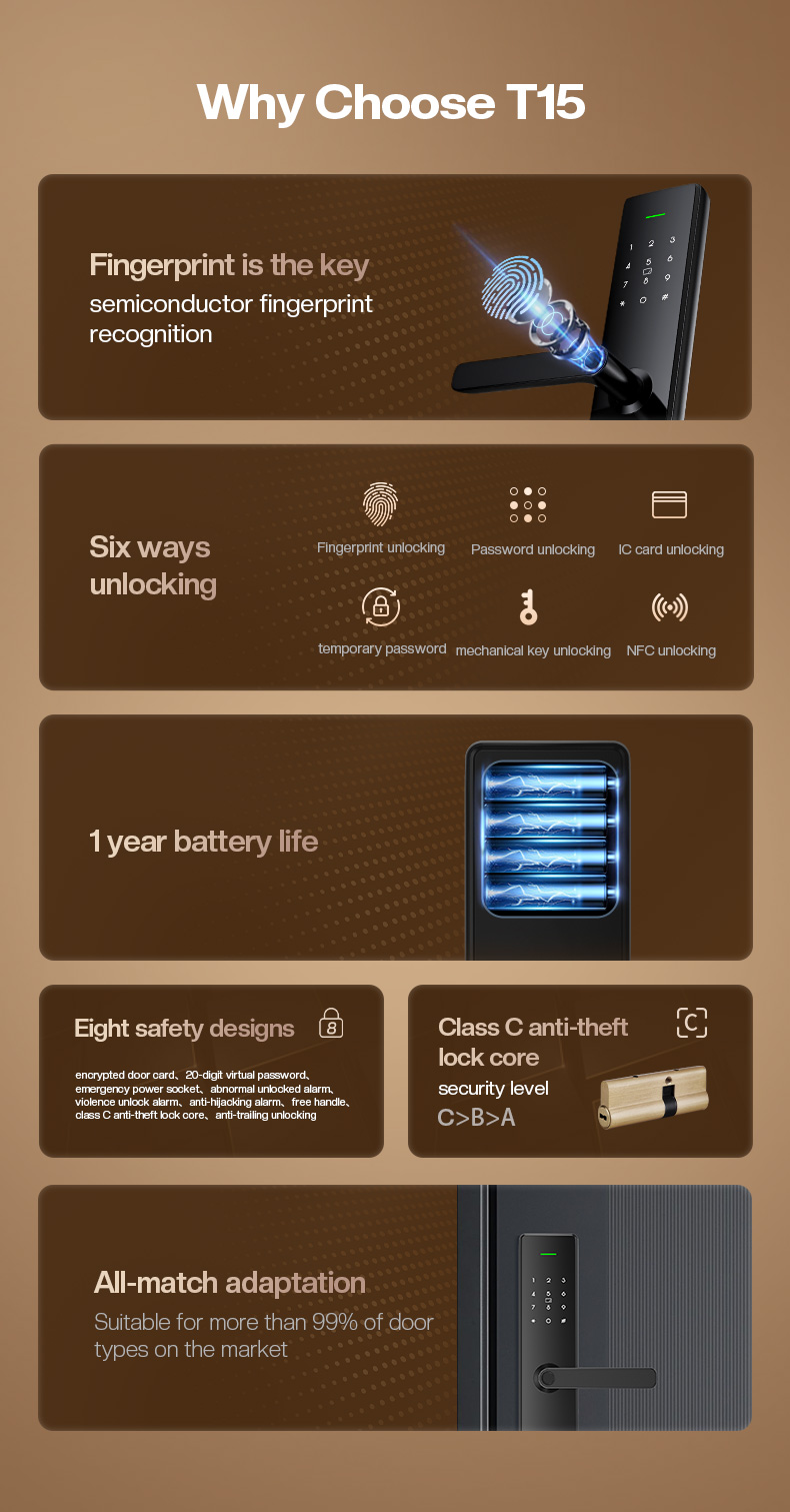 Tenon T15 Home Aluminum Alloy Handle Lock Electronic Biometric Fingerprint Door Lock Digital Smart Lock Tuya supplier