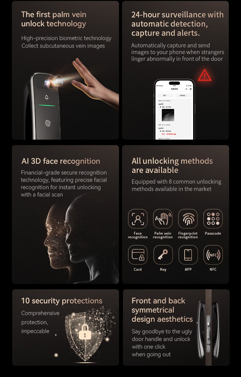 A9Pro 3D Face Recognition Fingerprint High Quality Automatic Door Lock With Camera Password Palm Vein Smart Lock Tuya Wifi factory