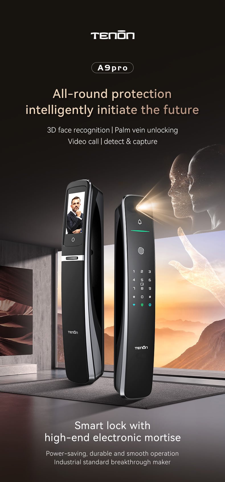 A9Pro 3D Face Recognition Fingerprint High Quality Automatic Door Lock With Camera Password Palm Vein Smart Lock Tuya Wifi manufacture