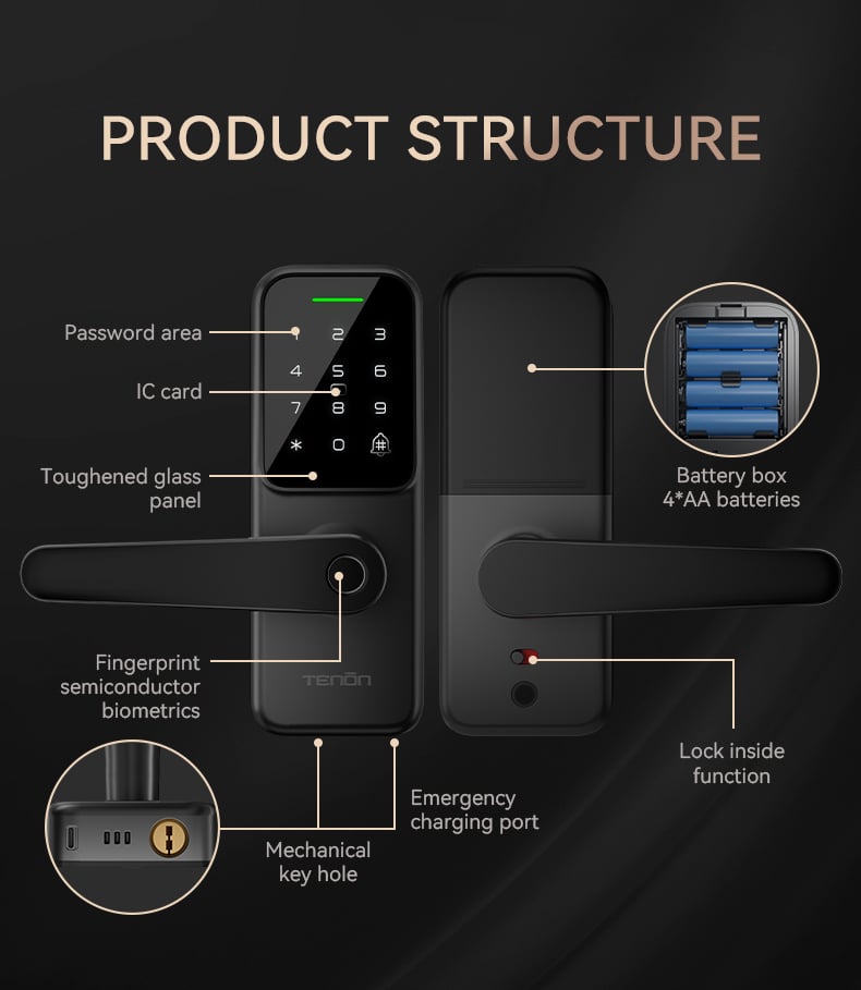 TENON K8 WiFi Password & Fingerprint Door Lock Waterproof Keyless Digital Deadbolt for Metal Door for Home Use Card Key Features factory