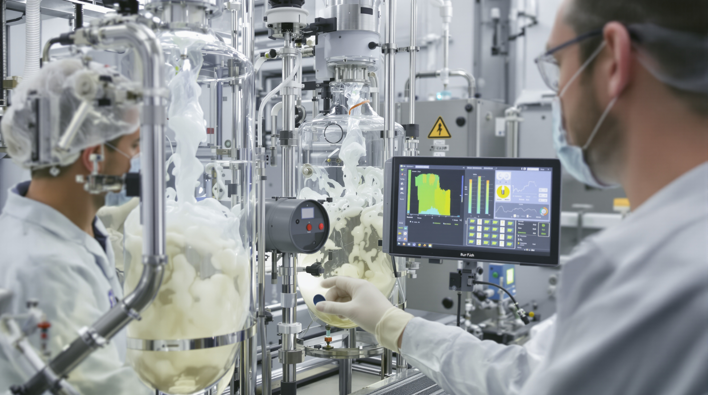 Technicians working with polymerization reactors in a laboratory setting, monitoring acrylic emulsion synthesis.