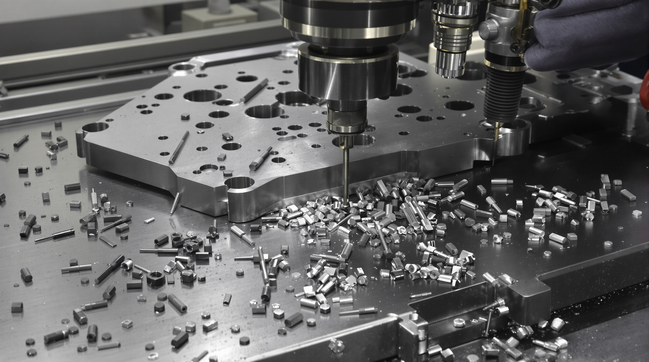 Photorealistic scene of a titanium CNC part with worn cutting tools and a coolant system, emphasizing machining difficulty and cost.