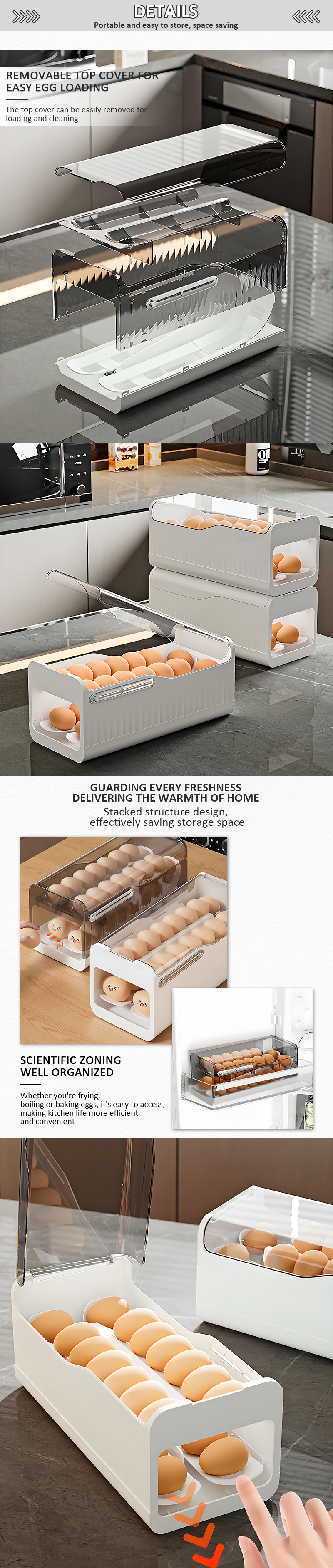 Hot Selling 2-Layer White PP Plastic Storage Container Detachable Fresh Egg Organizer GLOSSY Techniques Egg Dispenser Timer details