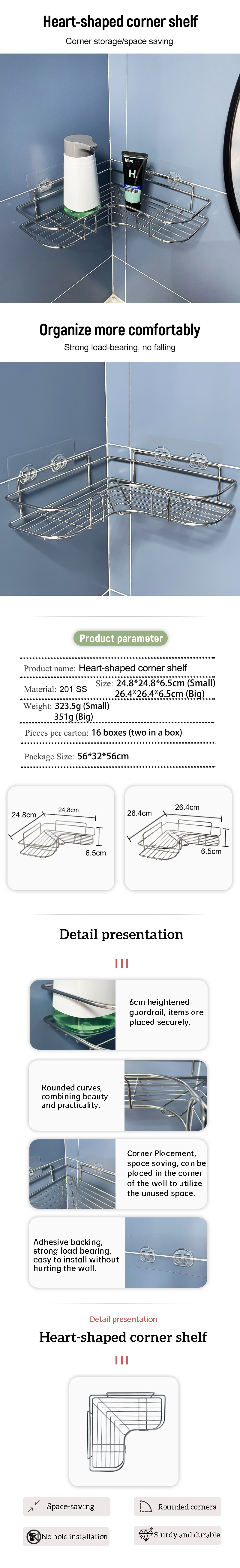 Heart Shaped Storage Racks Kitchen Bathroom Corner Rack Shelf Wall Mounted Stainless Steel Non Drilled Kitchen Storage details