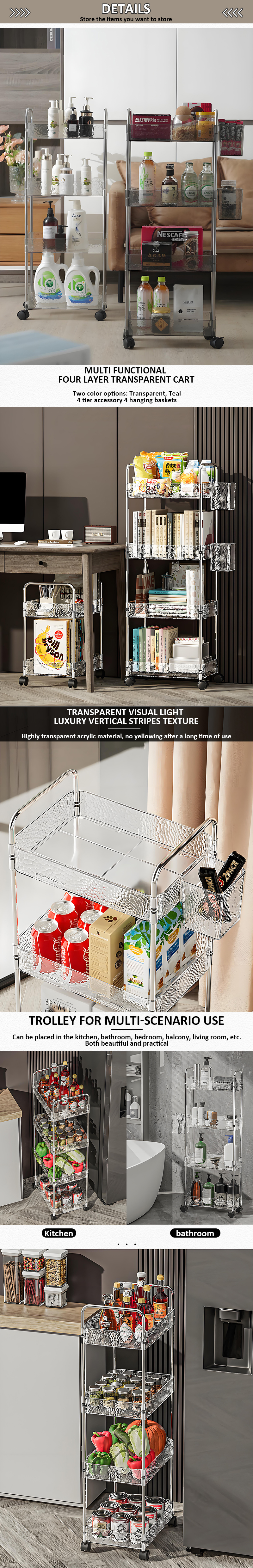 Light Luxury 4-Tier Kitchen Cart Organizer Multi-Layer Transparent Plastic Storage Rack with Wheels Luxury Rack Holder Home Use details