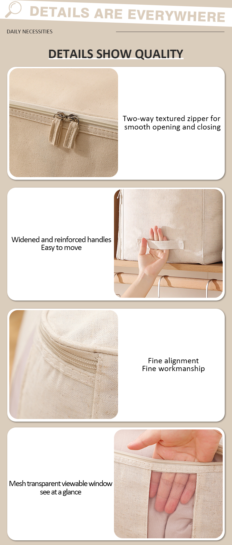 High Quality Foldable Cotton Linen Fabric Clothes Quilt Comforter Underwear Organizer Multi-Size Wardrobe Cloth Storage Bags details