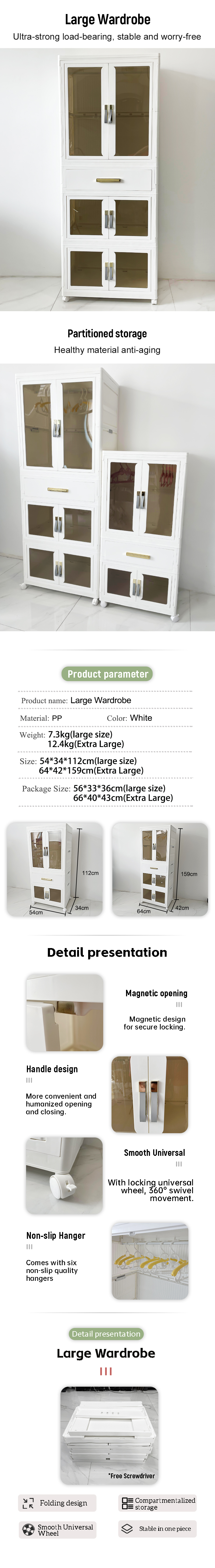 Hot Selling White Plastic Portable Foldable Wardrobe Multifunctional Conveniently Assembled for Clothing Bedroom Bathroom PP factory