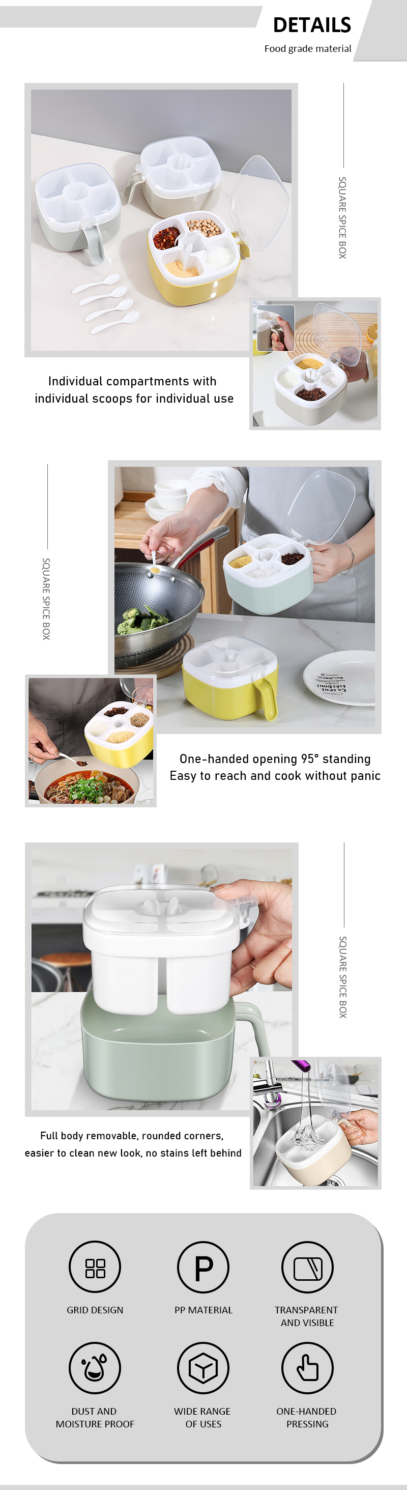 Wholesale 5 Compartment Spice Box with Spoon Eco-Friendly PP Plastic with Lid Hot Kitchen Supplies supplier