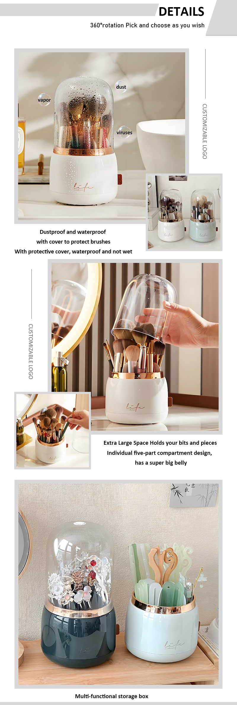 High Quality Desktop 360 Degree Rotating Multifunctional Makeup Brush Holder Storage Dust-proof Makeup Storage Box details