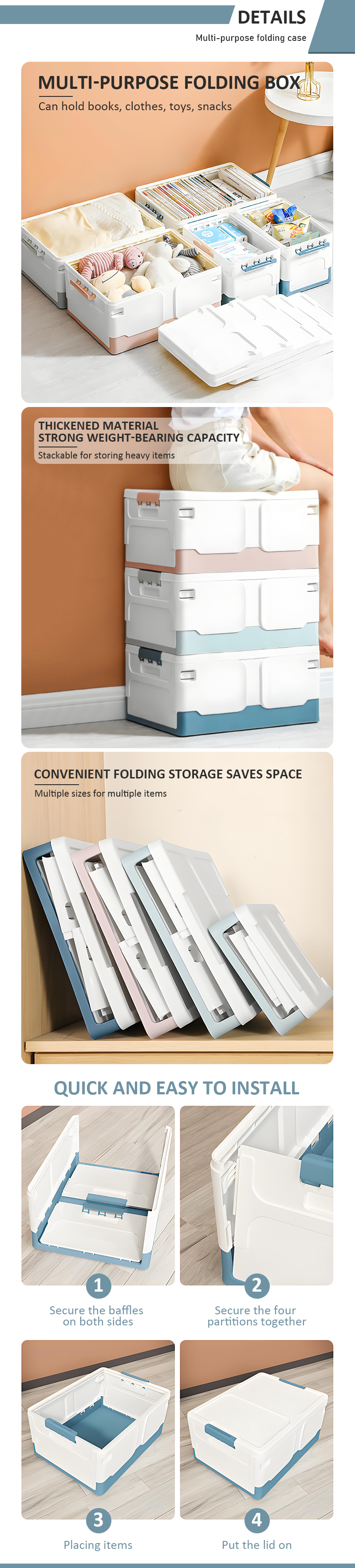 Stackable & Foldable Household Storage Container Square PP Plastic Collapsible Book & Sundries Organizer for Cloth & Toy Storage factory
