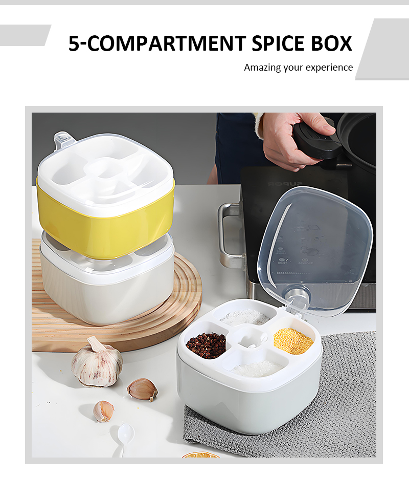 Wholesale 5 Compartment Spice Box with Spoon Eco-Friendly PP Plastic with Lid Hot Kitchen Supplies details