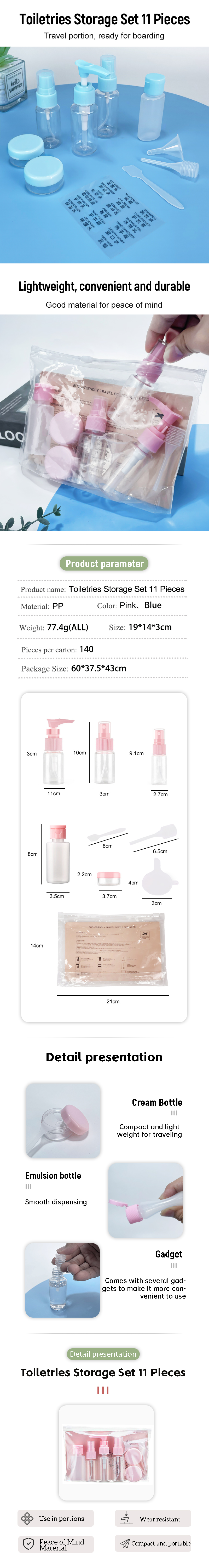 Hot Sale Travelling Plastic Lotion Bottle Perfume Bottle Spray Bottle Toiletry Make-up Bag 11 Pcs Set details